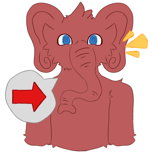 A red cartoon elephant with blue eyes, they have a light grey speech bubble with a red arrow pointing right. 
